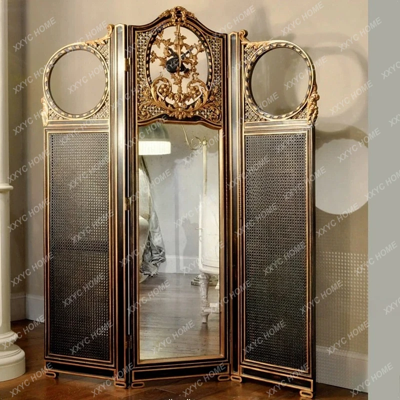 A  New Chinese Retro Solid Wood Large Apartment Living Room Partition Three Screens