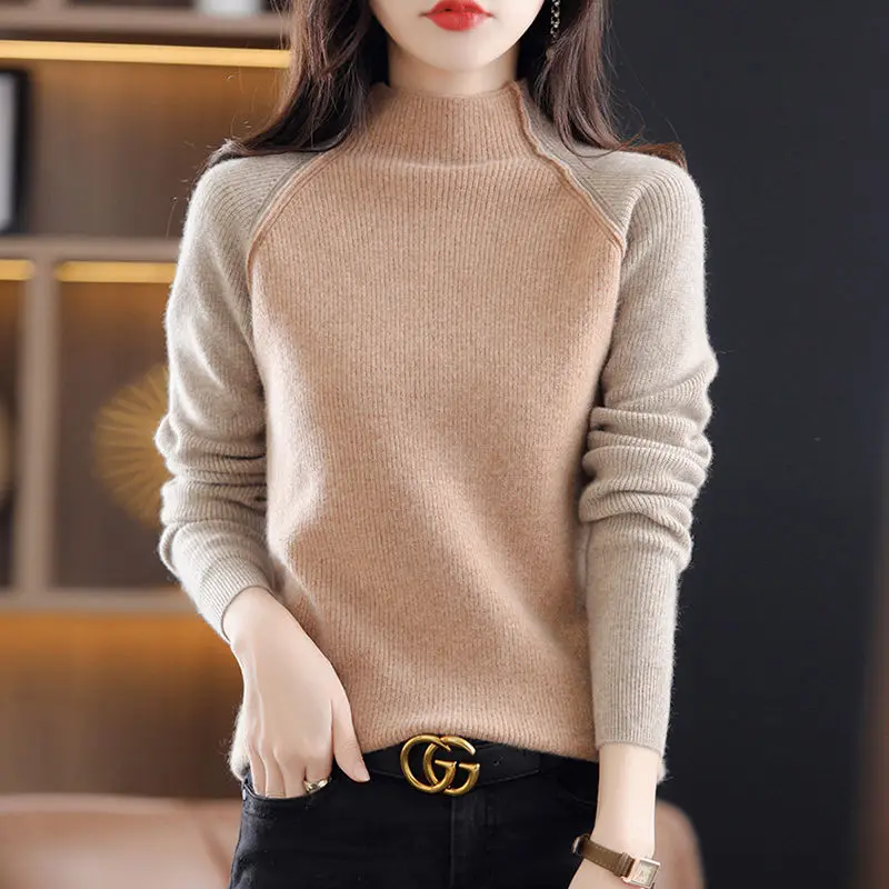 

2023 New Autumn and Winter Half Commuting Simple Western Style High Neck Loose Casual Spliced Contrast Color Pullover Sweater