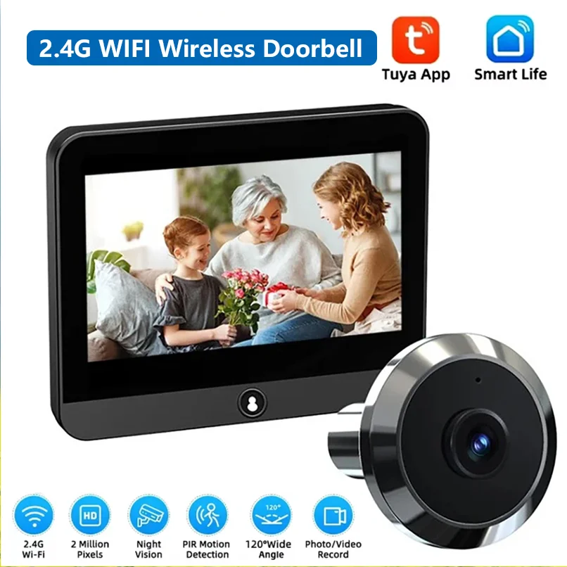 Timbre inalámbrico Tuya WiFi, cámara de vigilancia HD, detección de movimiento PIR, visión nocturna, timbre de puerta de vídeo recargable de 4,3 pulgadas