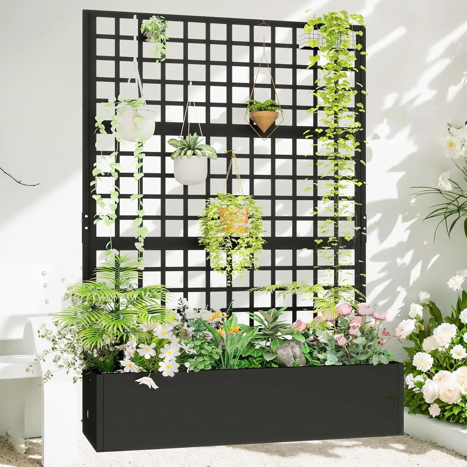 

Metal Planter with Trellis 72" x 47‘‘ x 16", Raised Garden Bed with Trellis, Planter Box with with Privacy Screen for Climbing P