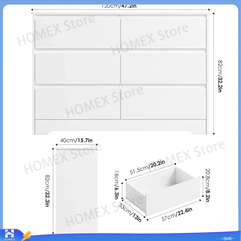 White 6 Drawer Chest Tall Dresser Bedroom Furniture Storage Cabinet Organizer Cupboard for Living Room Hallway Dining Room