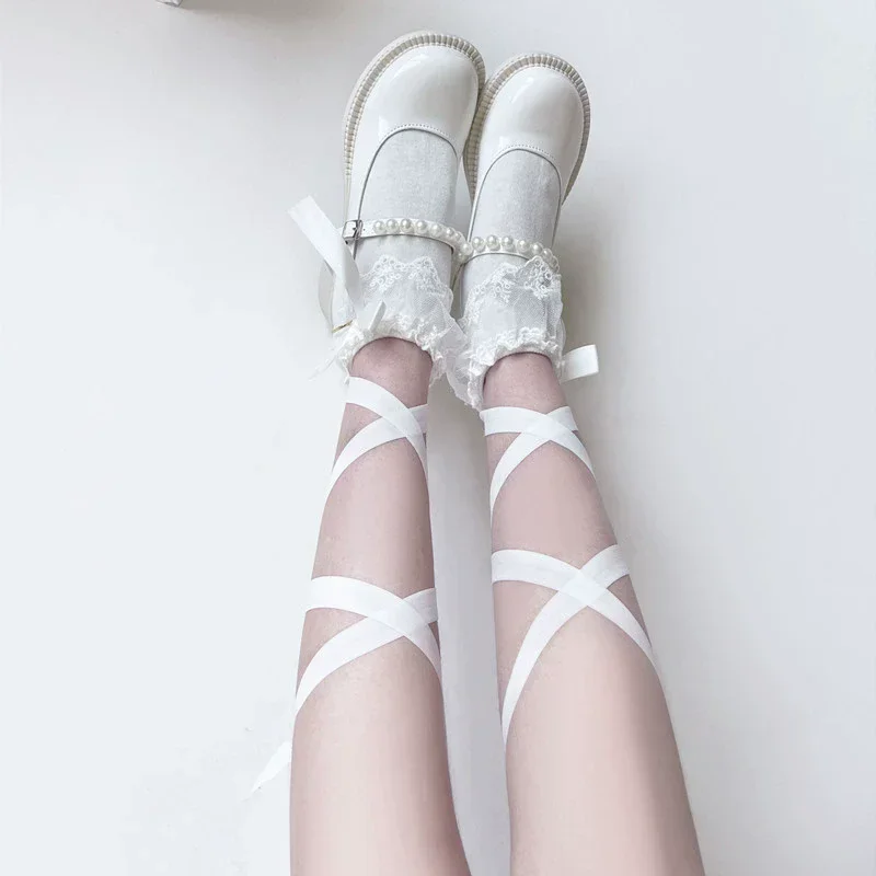 Lolita Girls Jk Dopamine Cross Bow Calzini in pizzo con cinturino fai-da-te Ins Calzini a tubo basso Kawaii estivi stile balletto alla moda