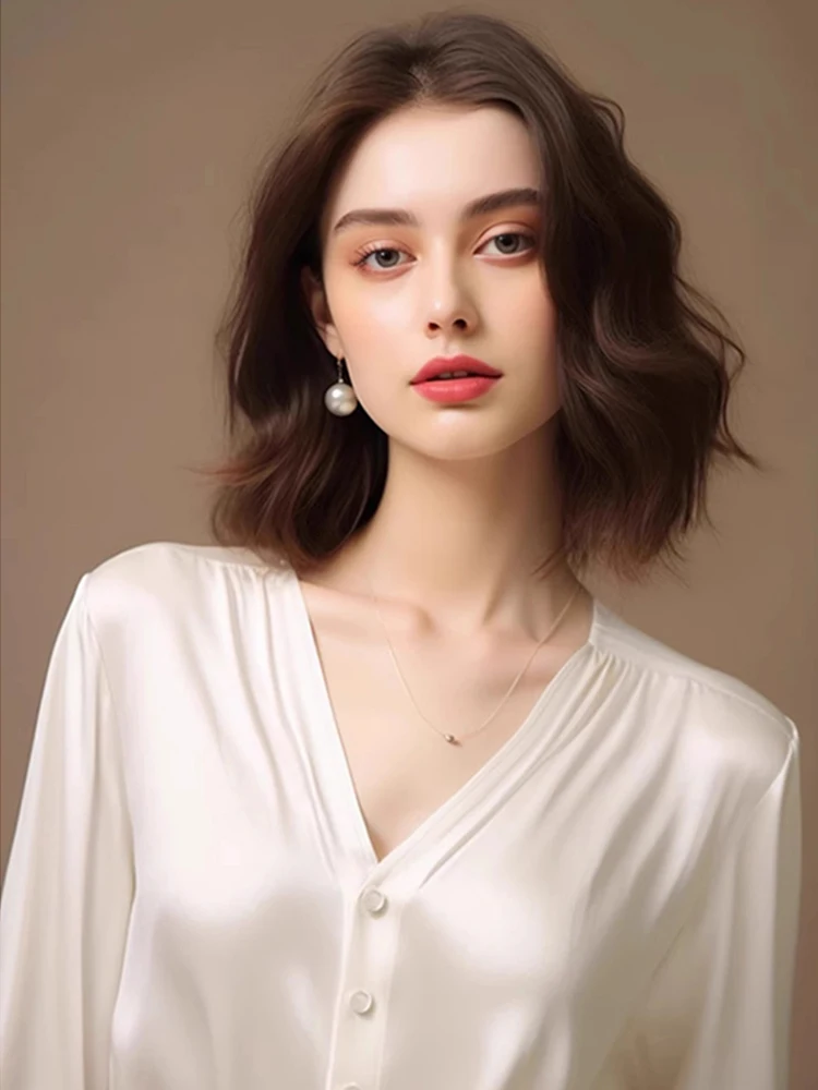 เสื้อไหมชีฟองทรงวี แขนยาว ดีไซน์เกาหลี ให้ความรู้สึกหรูหรา ช่วยพรางหุ่น เหมาะสำหรับใส่ทำงาน สไตล์เกาหลี สำหรับผู้หญิง