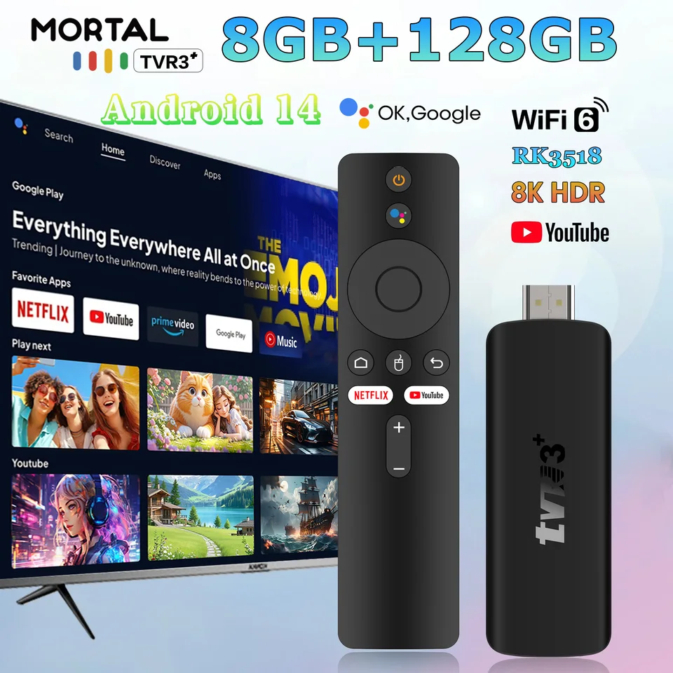 2026 TVR3+ Interfaz de doble UI TV Stick 8K HD WIFI 6 Android 14.0 RK3518 Quad Core 8GB RAM 128GB ROM Reproductor Multimedia para Cine en Casa