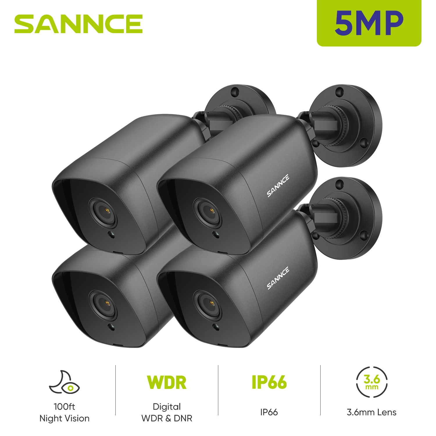 

SANNCE 4PCS 5MP TVI Security Cameras 12Pcs IR Leds IR Night Vision CCTV Surveillance Security Camera With BNC Cable 3.6mm Lens