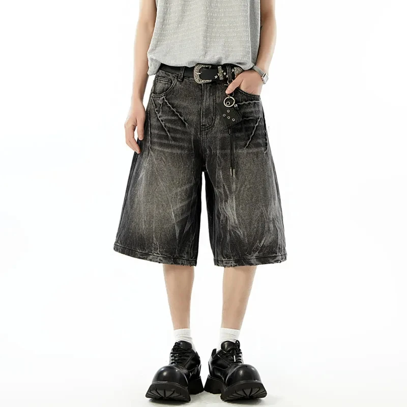 Men's Oversized Denim Shorts American Retro Black Gray Gradient Washed Wide Leg Knee Length High Quality Casual Pants