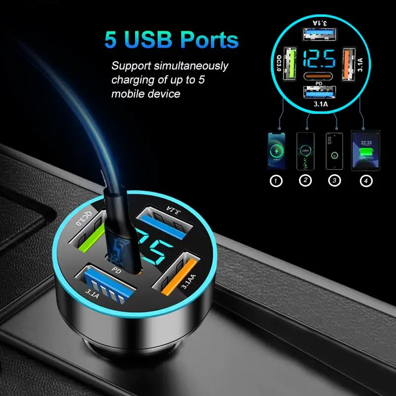 PD66W Car Charger QC3.0 Fast Charge One to Four Car Cigarette Lighter Plug 5 Port Car Charger Flash Charge with Digital Display image 3