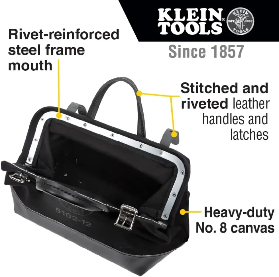 Heavy Duty Black Canvas Tool Bag, Tool Tote, Multi-Purpose Bag with Wide Hinged Opening and Leather Handles