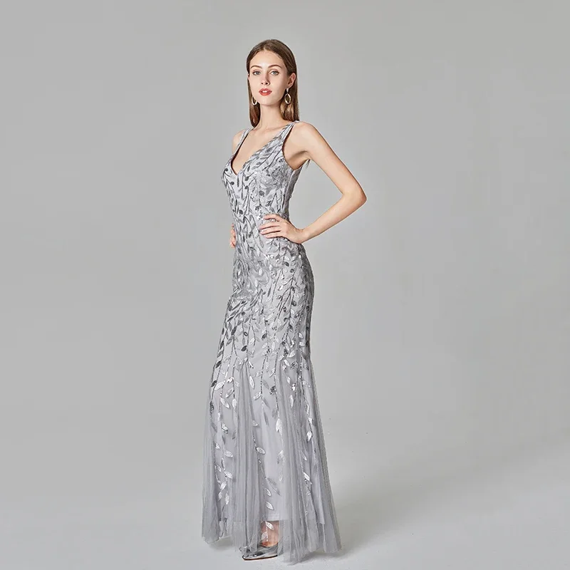 Silver Gray Elegant Fashion Evening Dresses Sexy Simple V Collar Open Back Sleeveless Embroidered Beads Fishtail Dress Gown Robe