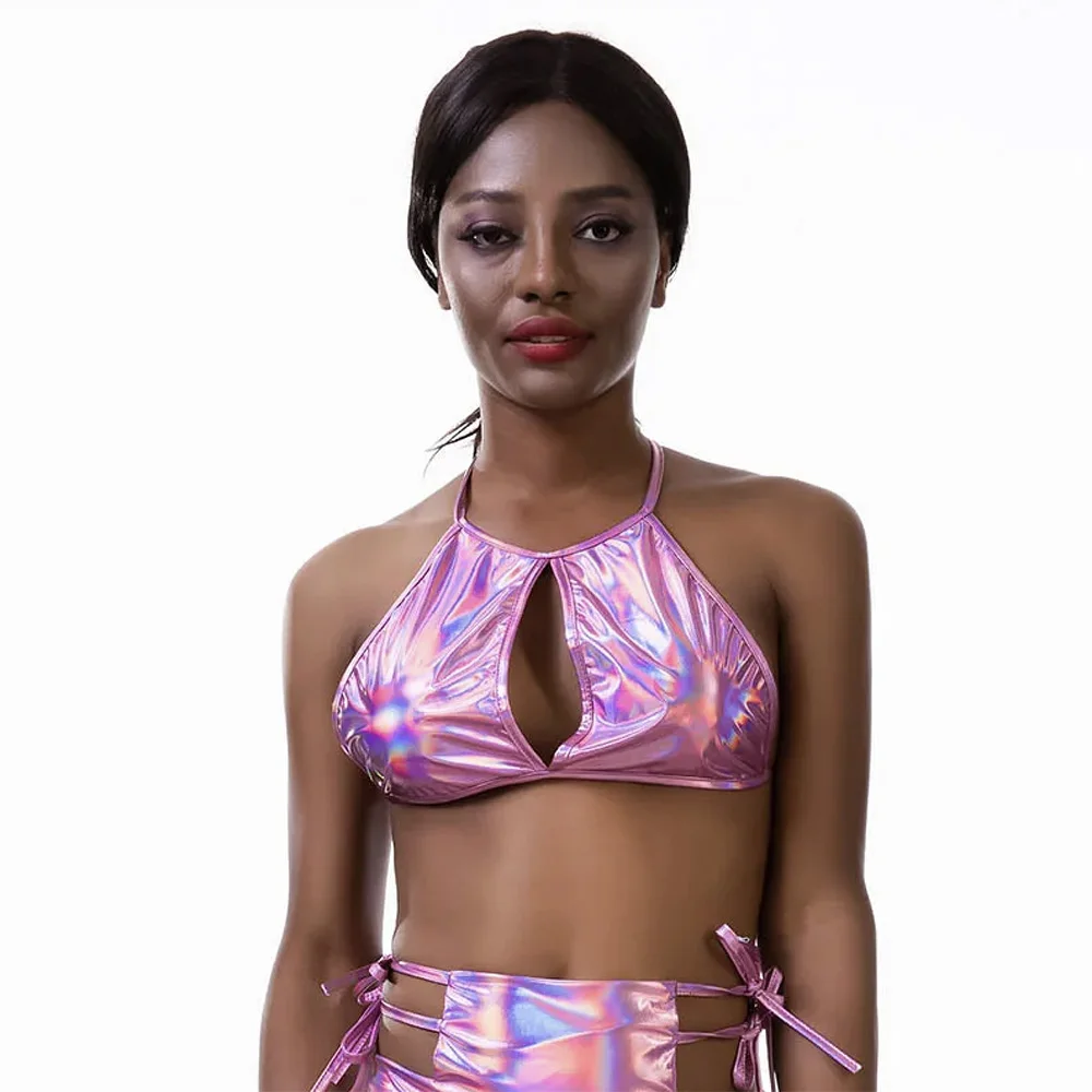 Фестивальные топы Rave, блестящий бюстгальтер в полоску, костюмы металлик, женский костюм на шесте, сценическая одежда с мокрым эффектом, танцевальная одежда, стразы для тела