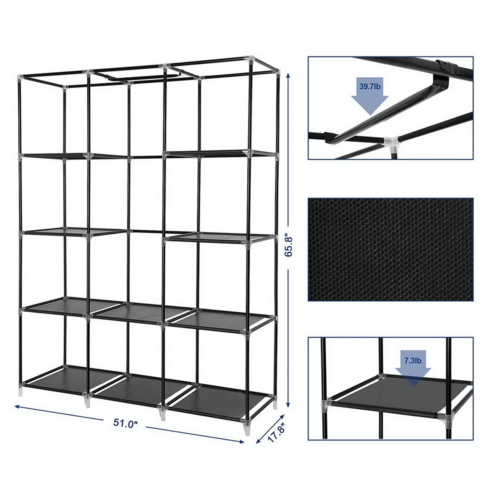 

67" Portable Closet Organizer Wardrobe Storage Organizer with 10 Shelves Quick and Easy to Assemble Extra Space Black