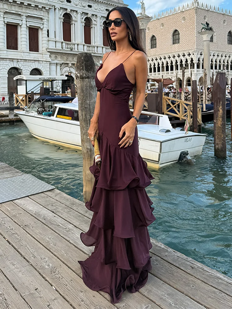 Seksowna długa sukienka z falbankami, damska, bez rękawów, z głębokim dekoltem w serek, rozkloszowana, modna sukienka damska 2025, bez pleców, zapinana na zamek, sukienka na ramiączkach.