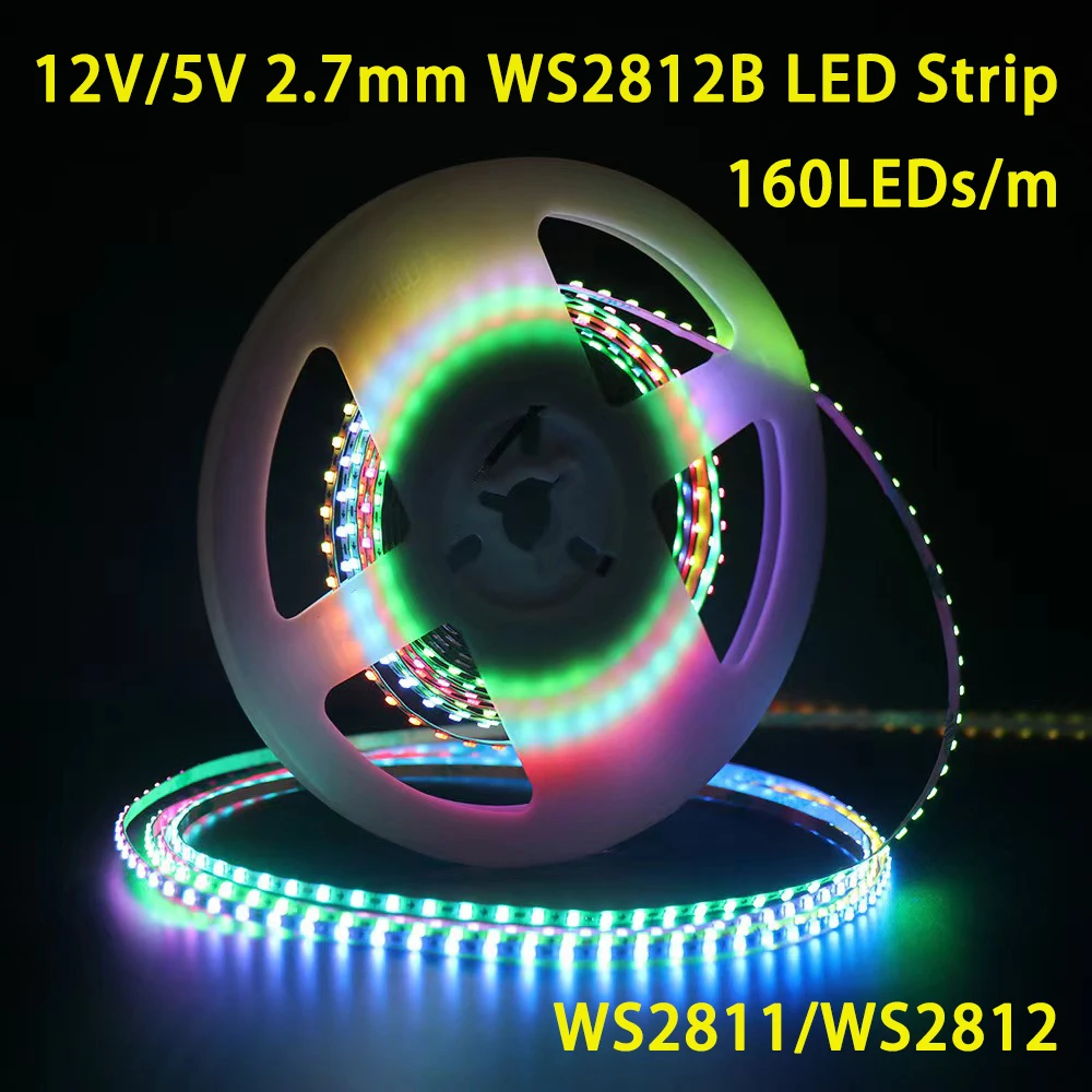 5m800LEDs 2.7mm wide WS2811 WS2812B LED Strip 160Leds/M Individually Addressable RGBIC Colorful Pixel Light DC5V/12V