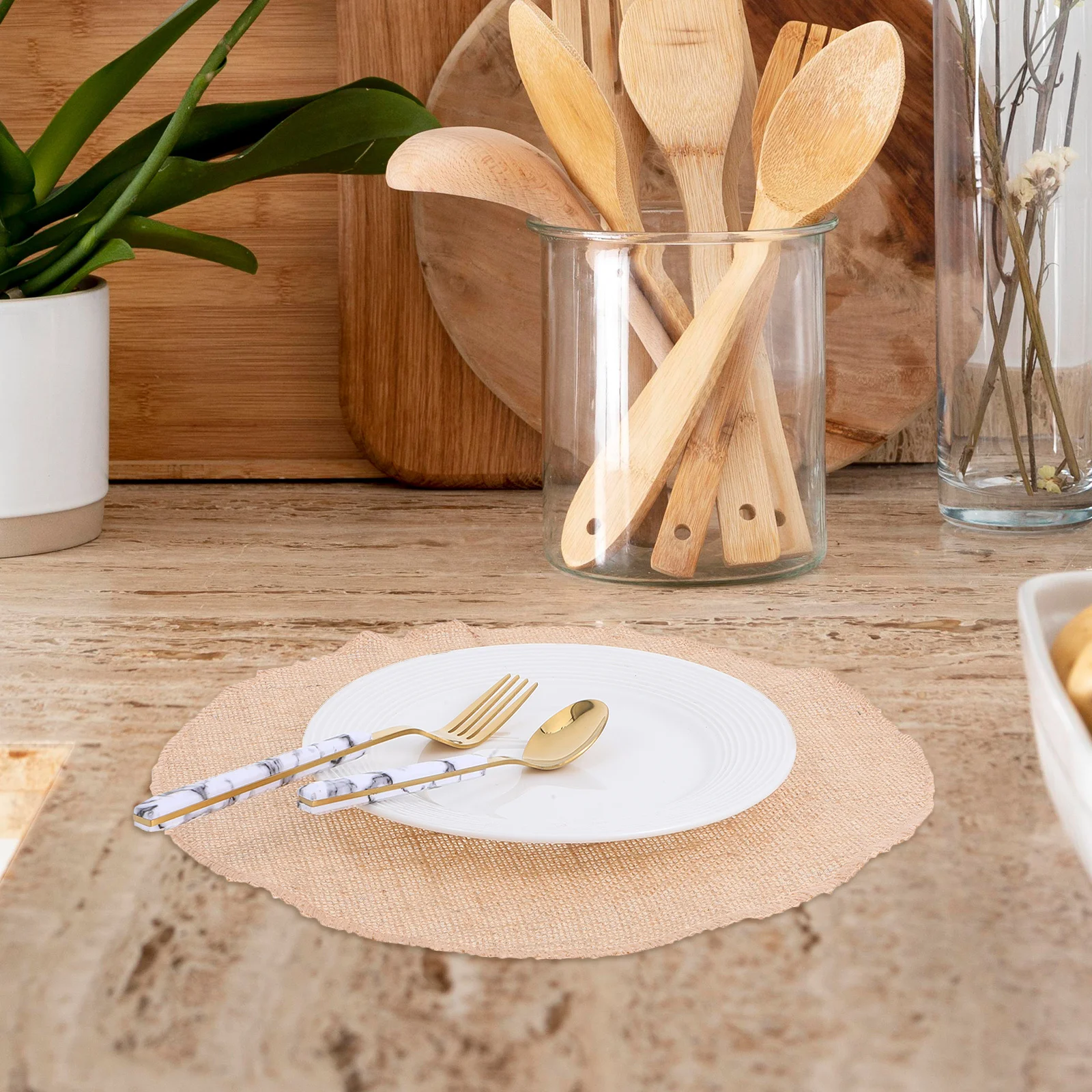 6 قطعة المفارش الخيش المستديرة ريفي الكتان الطبيعي مزرعة طاولة طعام الحصير مقاومة للحرارة قابل للغسل مكان الوقايات