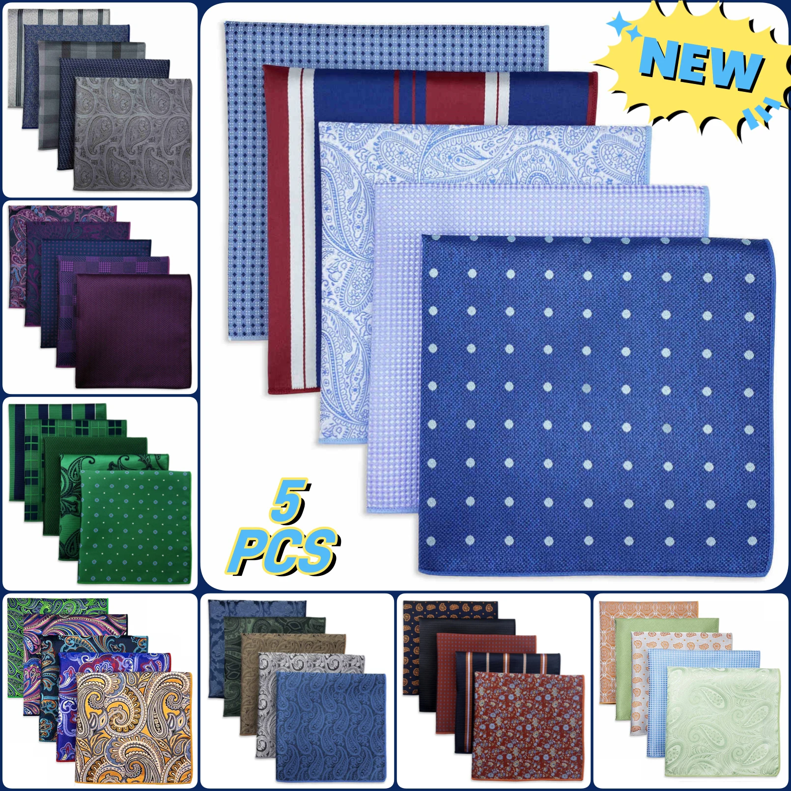 5 Pieces Mens Jacquard Pocket Square Set Multi Styles Handkerchief Suit Pocket Towel Hanky Vintage Business Accessories Gift