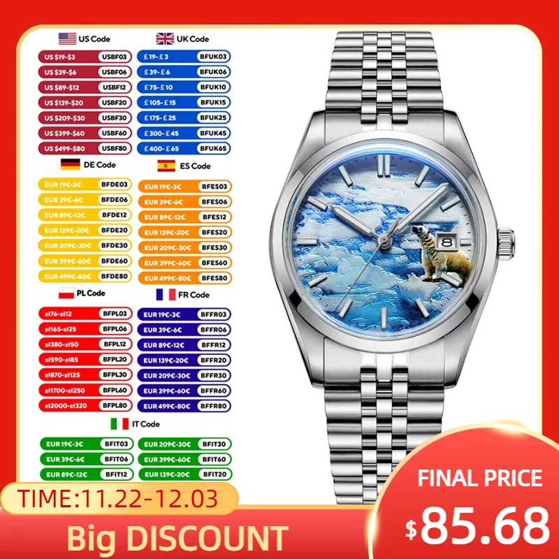 ADDIESDIVE 39mm Men Watch Automatic Wristwatch Stainless Steel Fashion Glacier Dial Luxury Bubber Mirror Waterproof 100m Watches