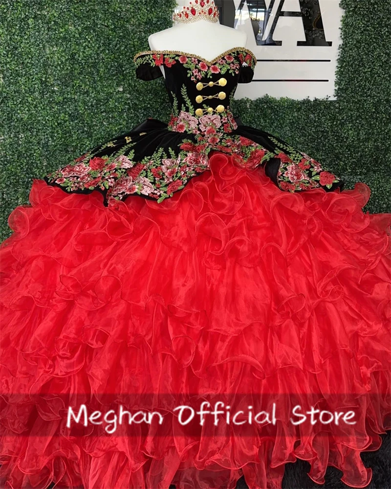 

Mexico Red Off The Shoulder Quinceanera Dress 2024 Applique Prom Dress Ball Gown Puffy Ruffle Tiered Evening Gown Sweet 16 15