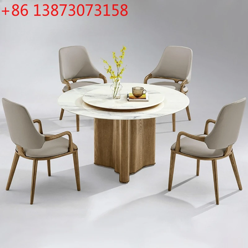 

French retro solid wood dining table household light luxury round table medieval wabi sabi marble round turntable eating table