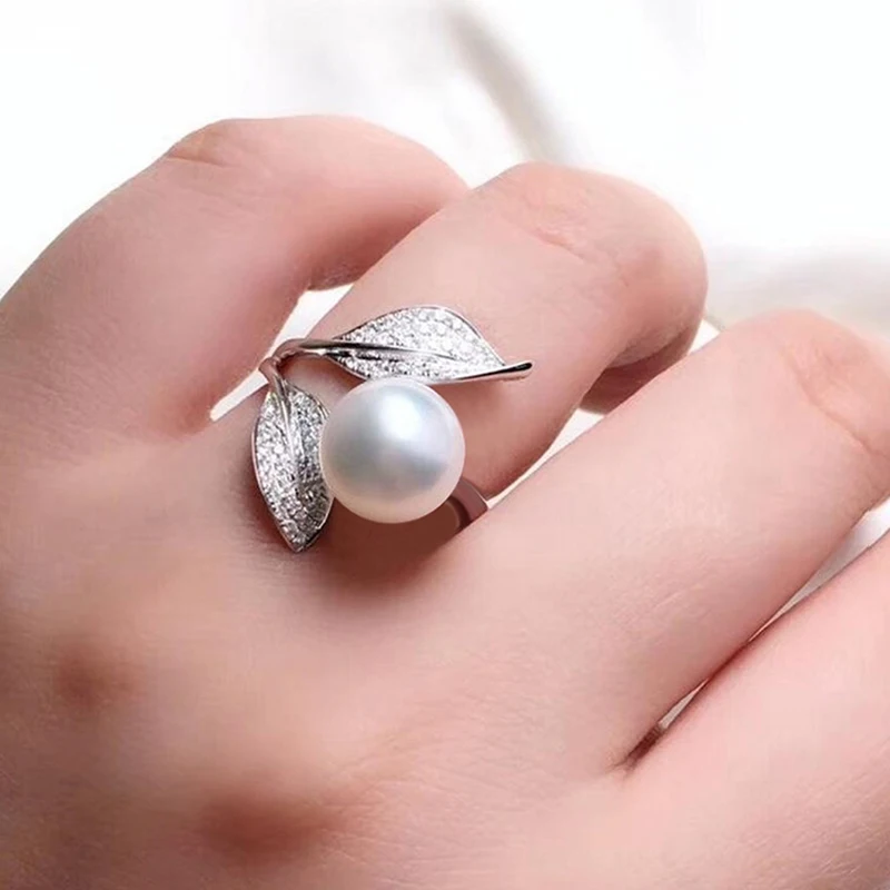Huitan Trendy Imitation Pearl Rings Women Fancy Leaf Design Temperament Elegant Female Accessories Luxury Cubic Zirconia Jewelry