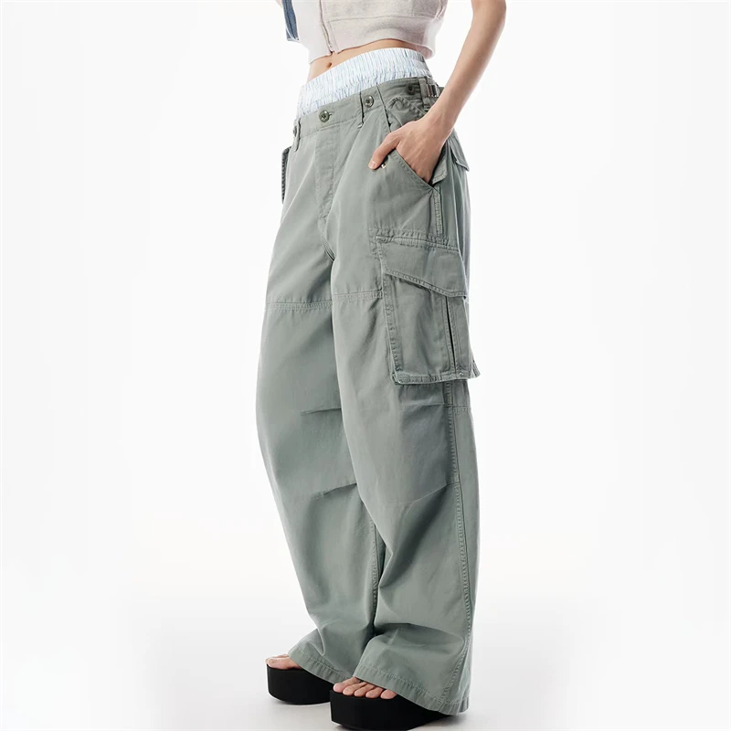 Autumn New Arrival Pure Cotton Striped Patchwork Green Casual Trousers High-Quality Fashion Multi-Pocket Workwear Pants