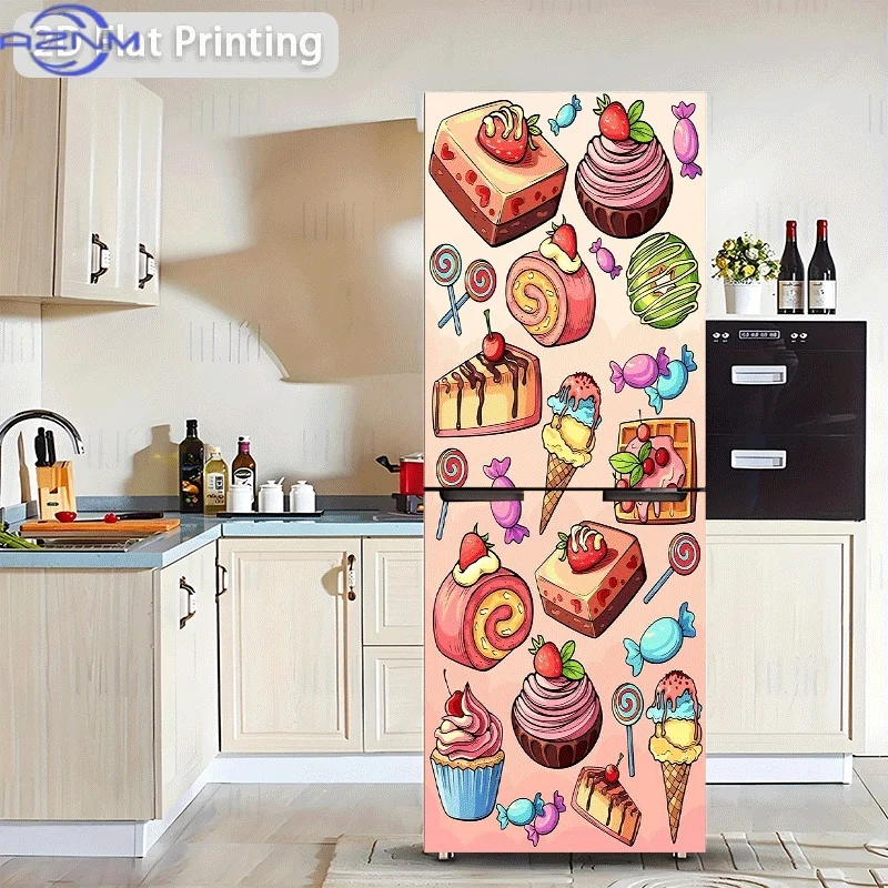 of Refrigerator Sticker Measuring 60X180 Cm Featuring a Pink Cream Strawberry Cupcake in a Heart-Shaped Square Cake Design, Su