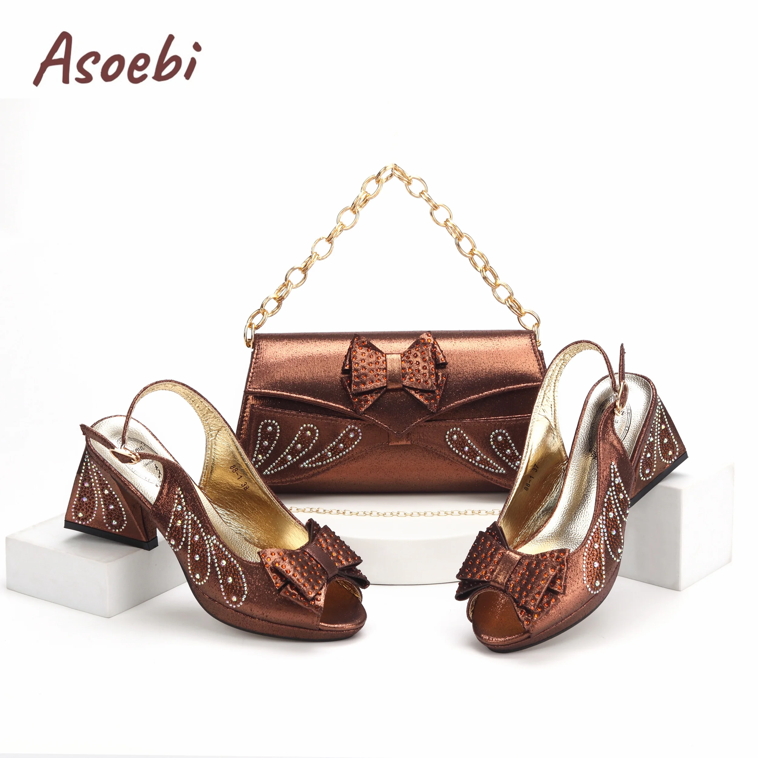 Coffee Color Peep Toe Butterfly Design Slingback Ladies Shoes Matching Bag Set For Nigerian Women Wedding