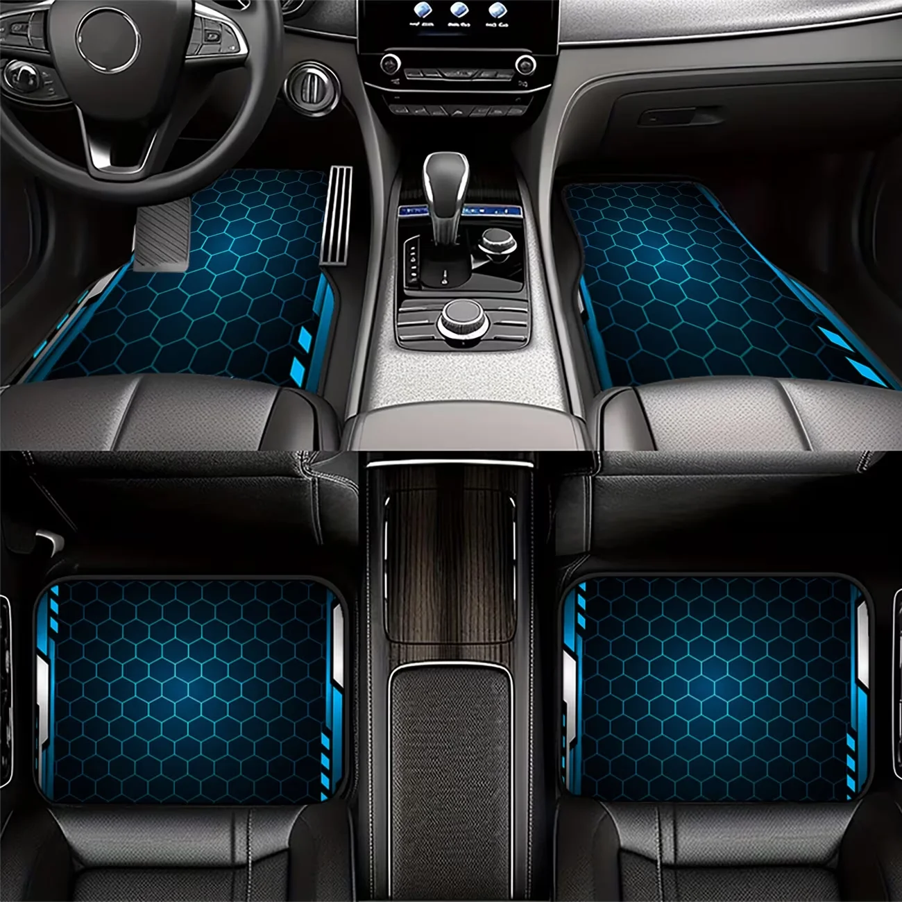 4-Piece Set of Hexagonal Pattern Car Floor Mats with Blue Luminous Design, Suitable for Most Vehicles' Universal Size, Adding a Stylish Interior Highlight to Modern Car Decor, Durable