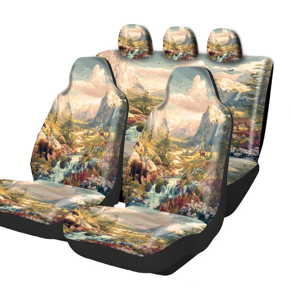 2-5 Seat Set Car Seat Covers Premium Nature Animal Print Polyester Fabric Universal Fit For Truck SUV Off-Road Car Comfortable W