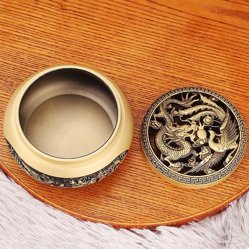 Brass Relief Dragon and Phoenix Incense Burner Home Living Room Desktop Decoration with Lid Plate Aromatherapy Custom Metal