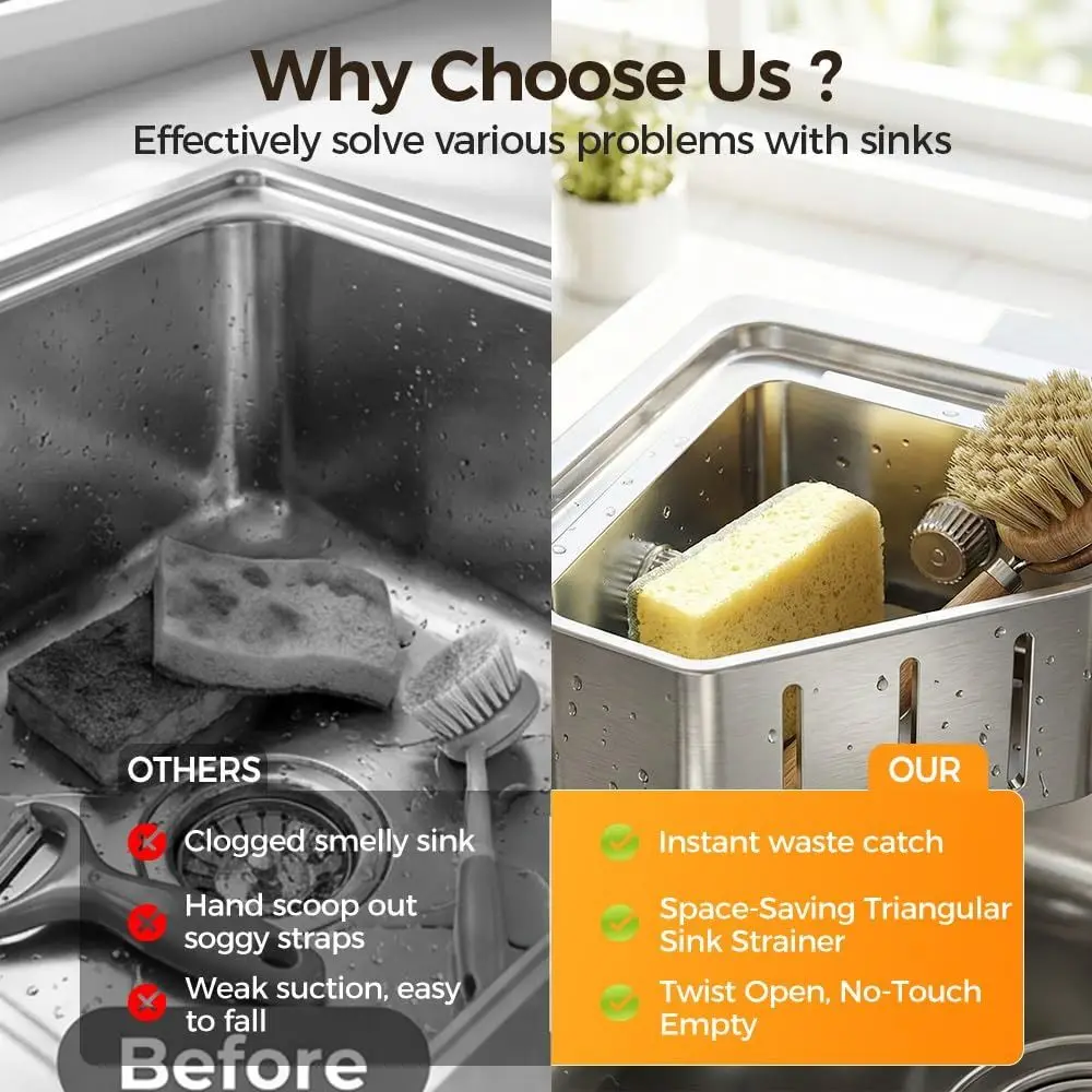 

Strong Suction Cups Triangular Sink Storage Rack 90° Rotatable Adhesive Mounting Sponge Holder with Drain Holes Sturdy and Solid