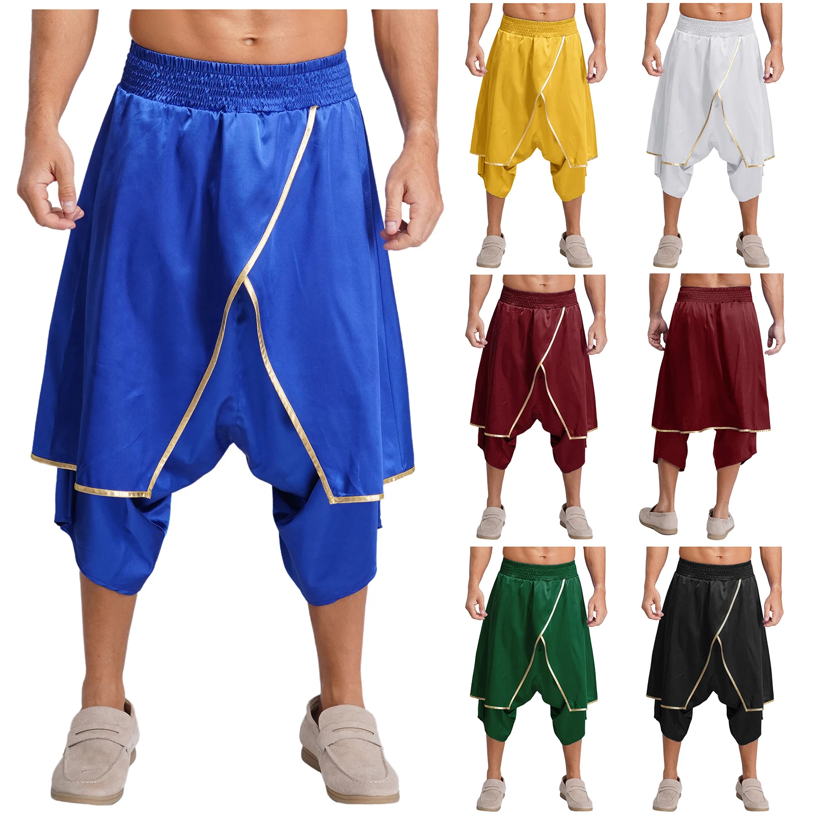 Calça harém hippie árabe masculina, sedosa, sobreposição irregular, acabamento metálico, cintura elástica larga, calça lanterna solta, calças índia dhoti