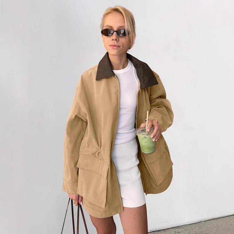 Contrast Lapel Trench Jacket For Women Casual Loose Fit Zip Up Style With Drawstring Waist Functional Pockets Urban Chic Look