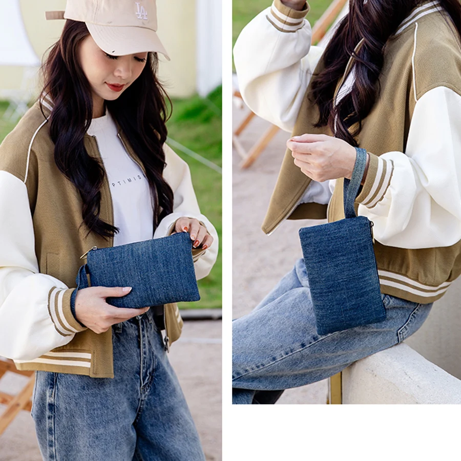 Canvas Denim Women Clutch Bags Blue Ladies Bolsa Feminina Wristlets Lady Casual Mobile Envelope Women Bag Mini Key Purse Wallet