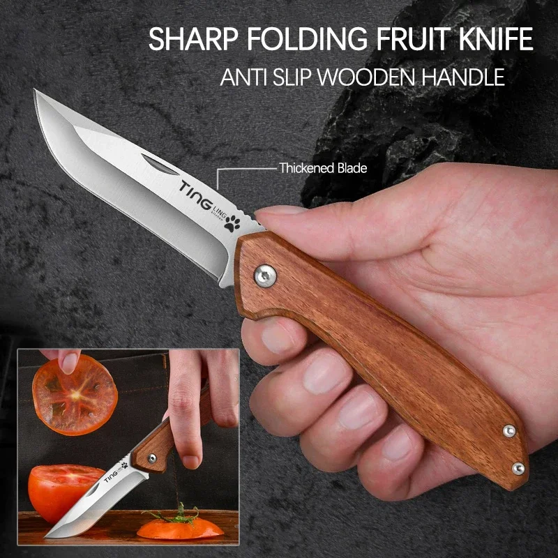 Stainless steel folding knife wooden handle thickened fruit knife sharp and durable household fruit and vegetable peeler