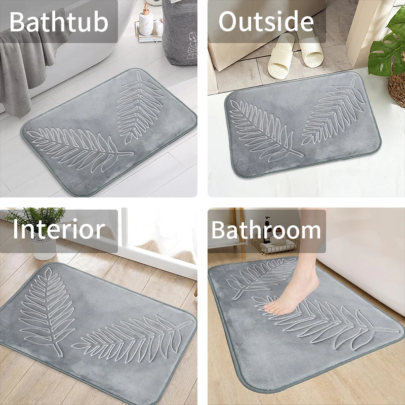 Embossed Leaf Bath Mat Coral Fleece Bathroom Carpet Toilet Floor Mat Water Absorption Non-slip Foam Absorbent Washable Rug