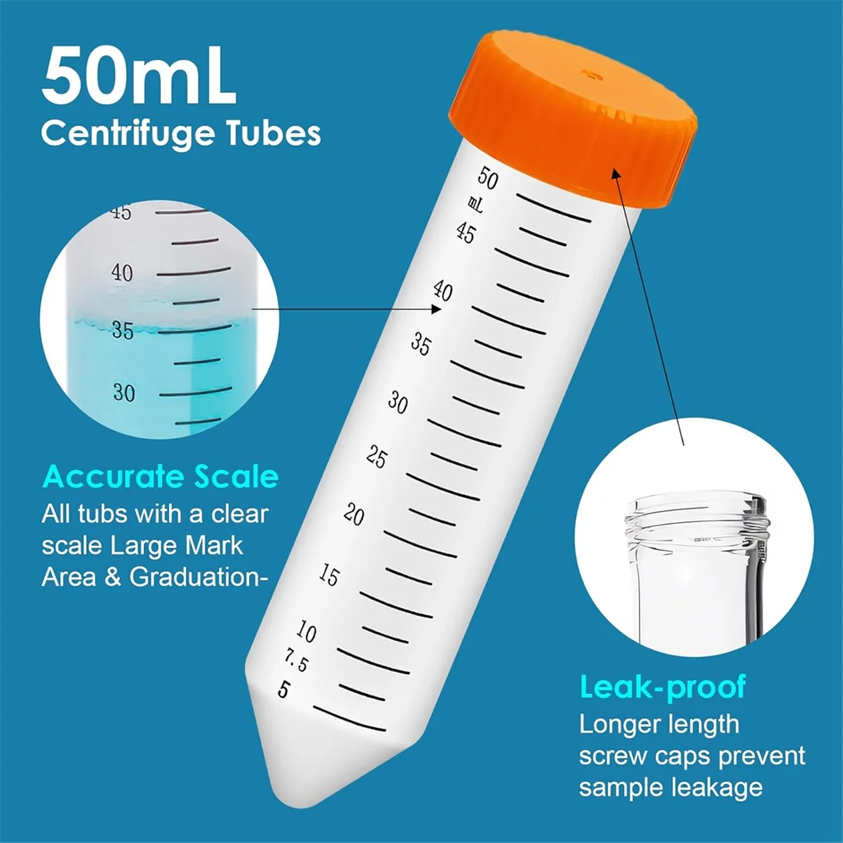 Conical Centrifuge Tubes 50ML, 25Pcs Polypropylene Test Tubes, Leak-Proof Screw Caps, Plastic Container with Graduated