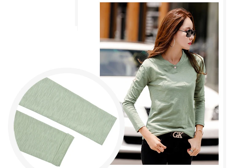 2026 Langarm Frühling Damen Slub-Baumwoll-T-Shirts mit Knöpfen, grüner V-Ausschnitt, einfarbiges T-Shirt, kaffeefarben, koreanische weiche, lockere Oberteile – Detail 5