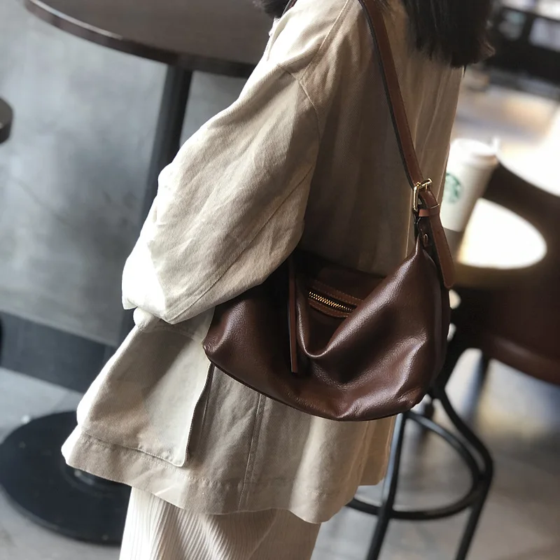 Genuine Leather Single-Sling Bag for Ladies Soft Cowhide Tote Female 2022 New Simple Graceful One-Shoulder Crossboby Bag Casual