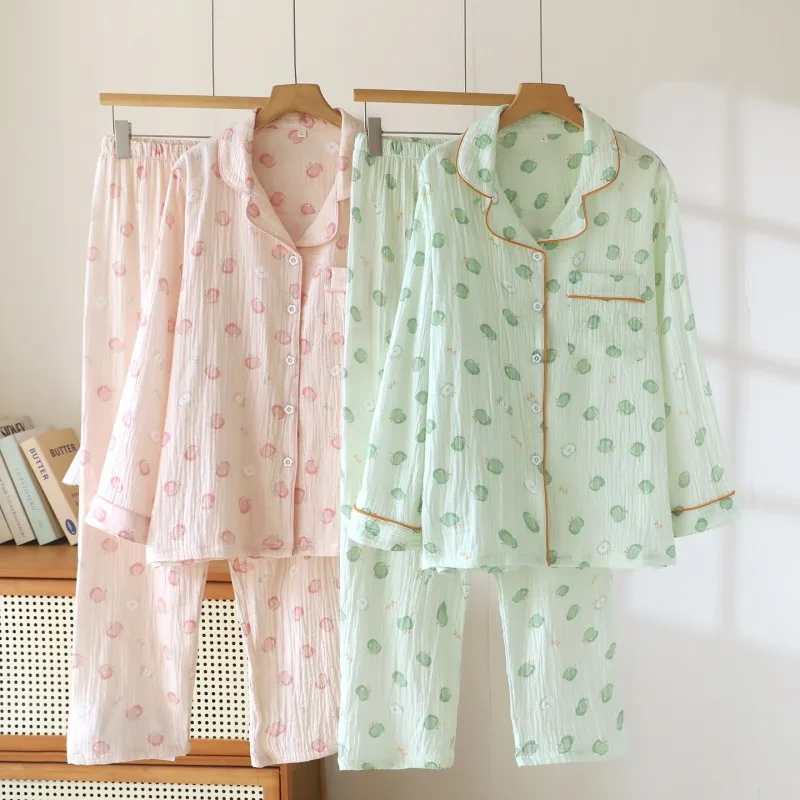 Spring Autumn Women Sweet  Simple Pajama Sets Female 100% Cotton Sleepwear Suit Women Round Collar Shirt & Pants Home Clothes