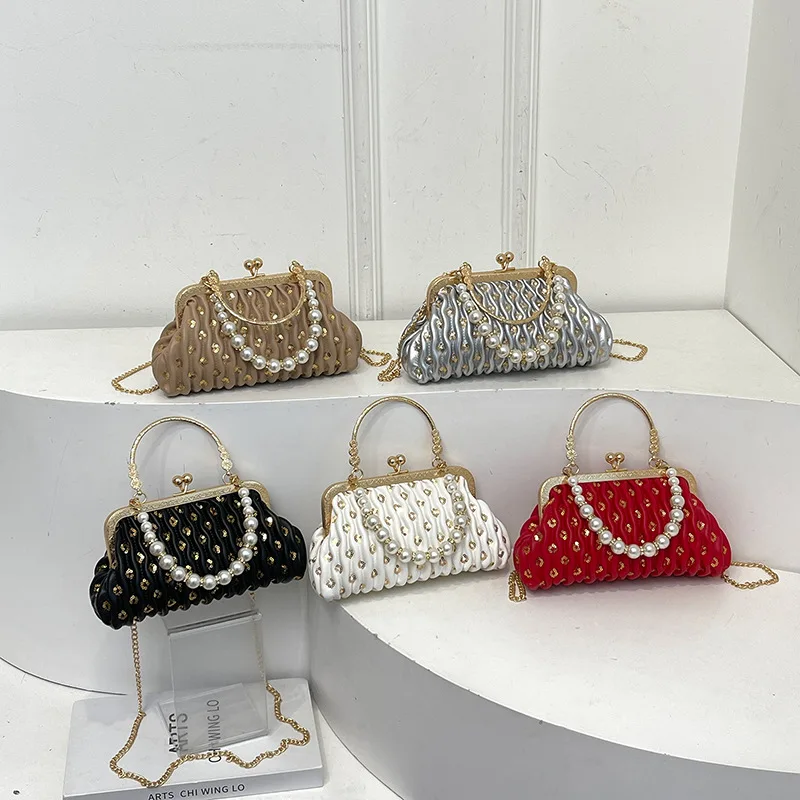 

2025 New Women's Pearl Shell Bag, Chic Pleated Crossbody Purse with Adjustable Chain, Elegant Clutch for Wedding & Party​