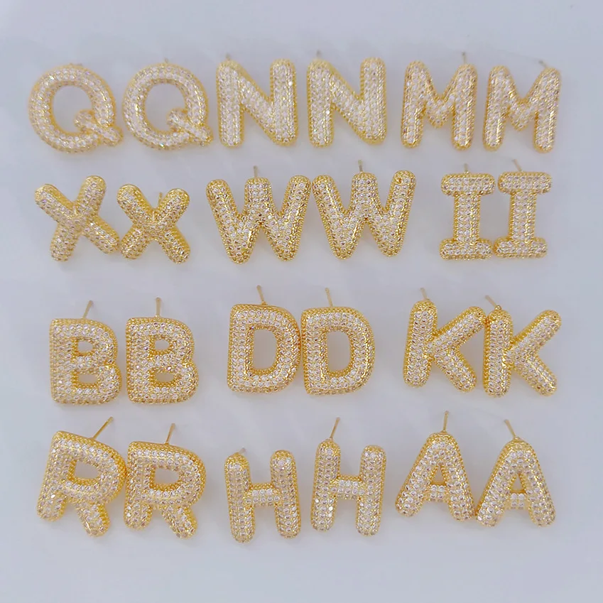 Dainty Balloon Crystal Bubble Letter Earrings for Women Chunky Gold Plated Initial Ear Studs Name Statement Jewelry Gifts