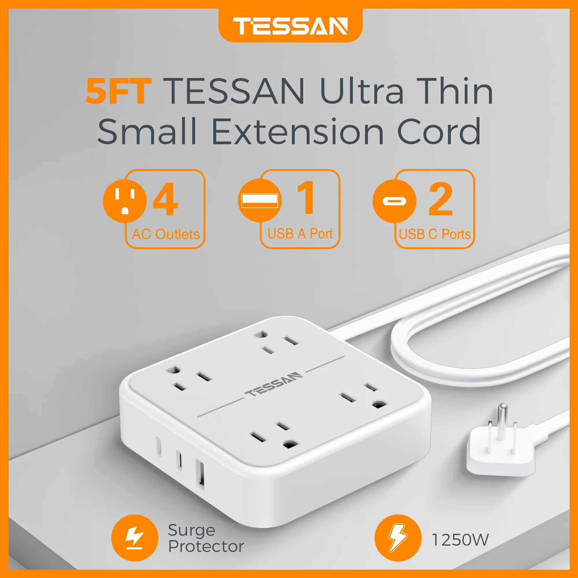 TESSAN Flat Plug Power Strip with 5 ft Ultra Thin Extension Cord 4 Outlets 3 USB Slim Desk Charging Station with Surge Protector