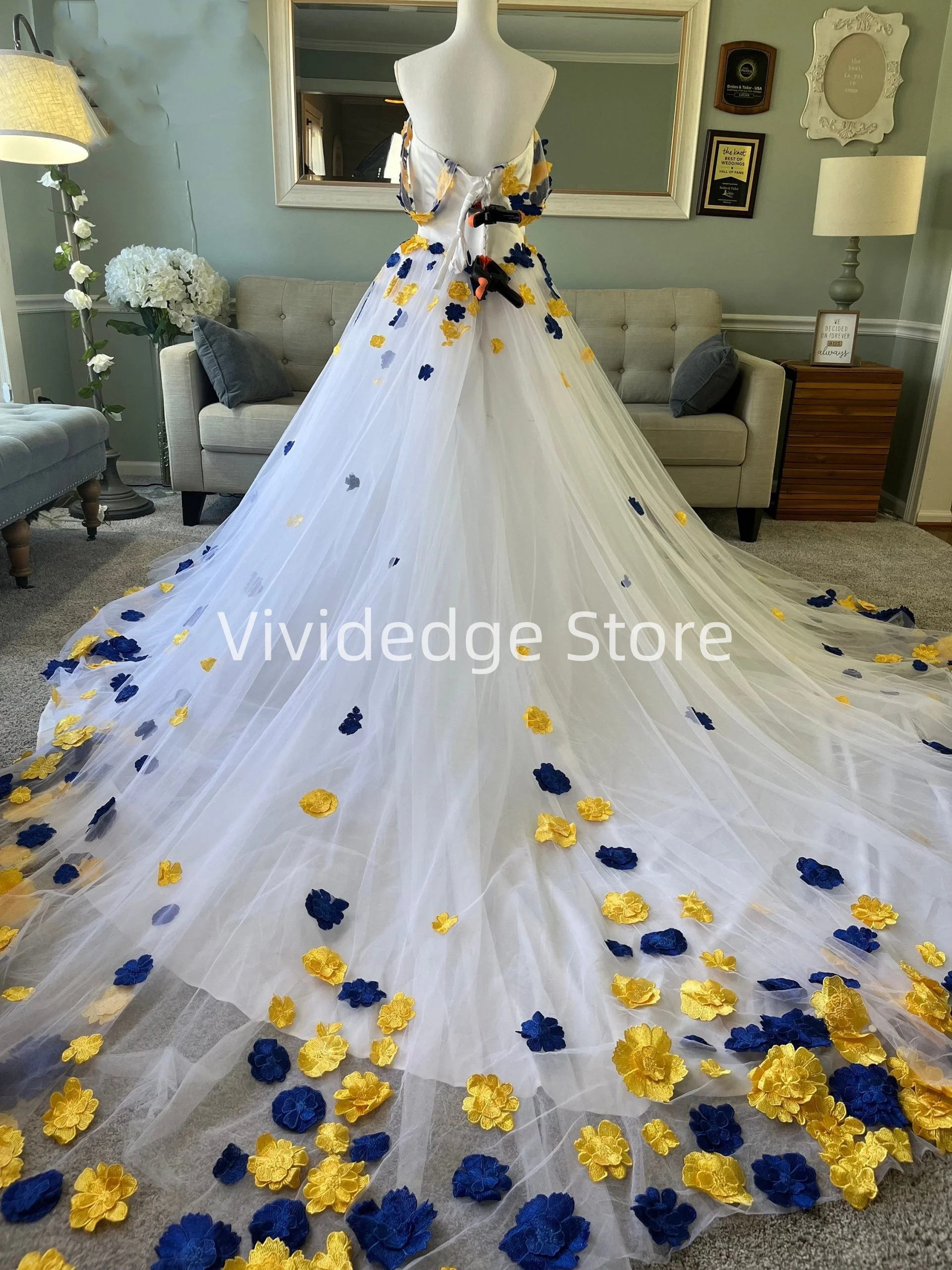 Customized  Yellow Blue 3D Floral White Wedding Dresses 2025 A-line Bridal Gowns  vestidos de novia de talla grande