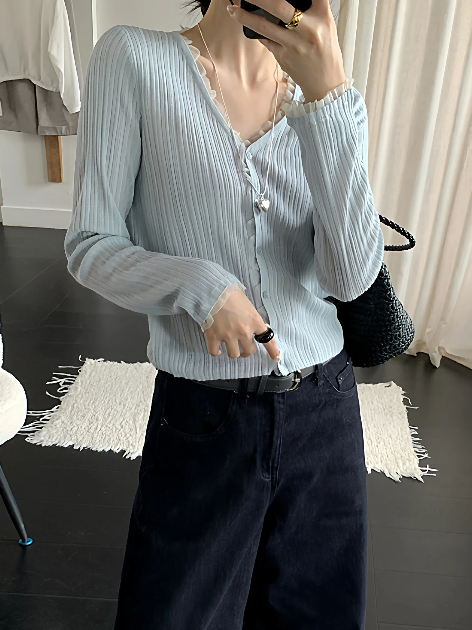 

Elegant V-Neck Knitted Cardigan Women's Slim Fit Stripe Pattern Soft Polyester Fiber Long Sleeve Casual Spring Fashion Top
