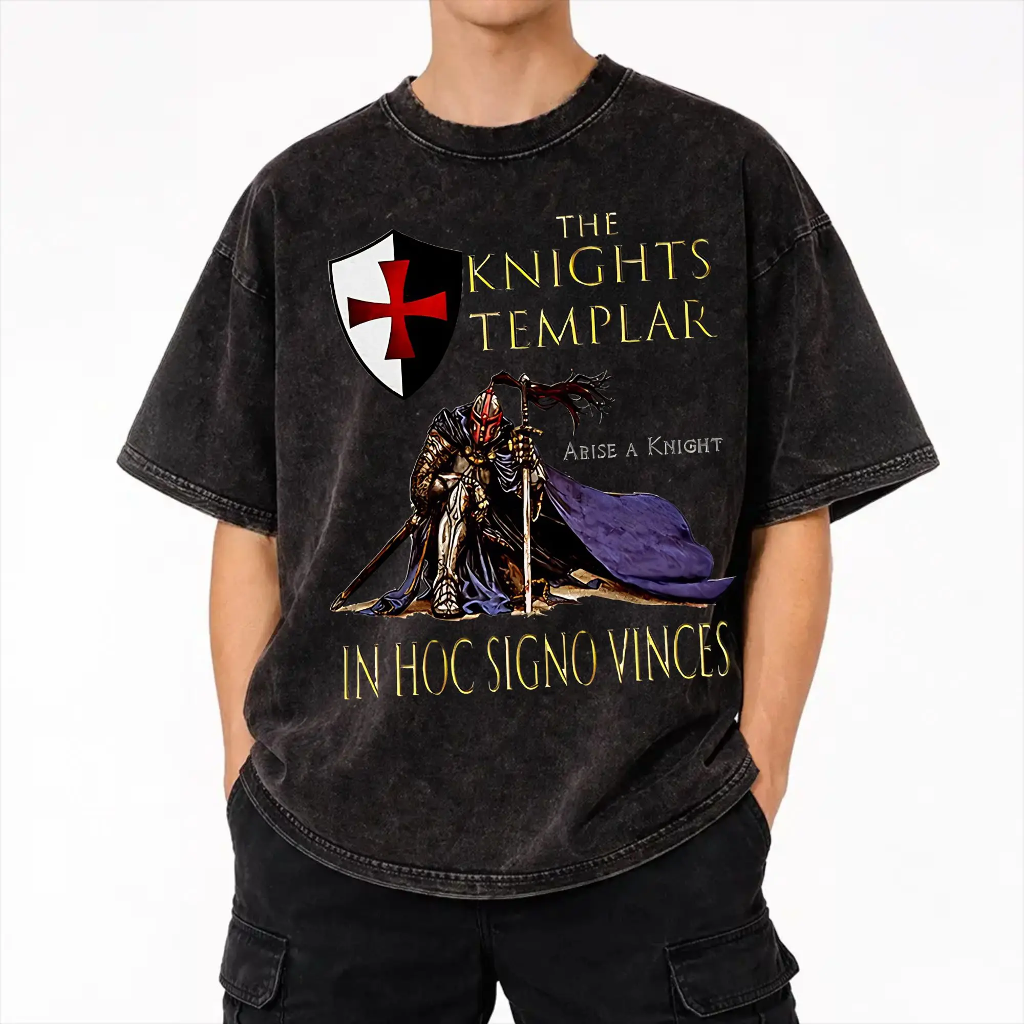 Deus Vult - The Templar Knight Washed T Shirt Streetwear Hip Hop Vintage T-Shirts  Tees Men Women Short Sleeve Streetwear