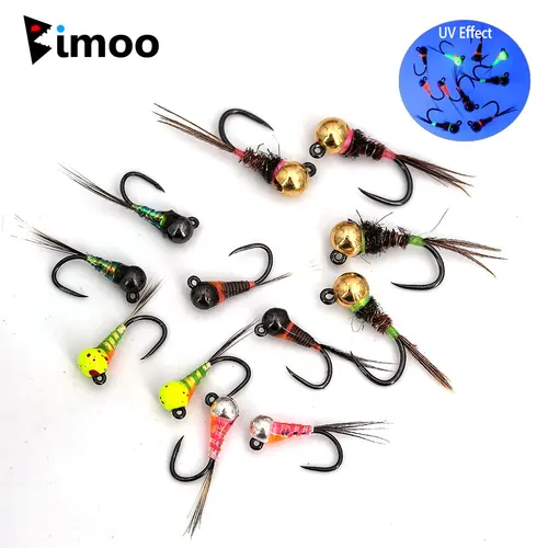 Bimoo 6 piezas # 14 # 18 Jig de hundimiento rápido sin púas Ninfa Fly cola de faisán epoxi húmedo Euro Fly Perdigon Ninfa trucha Señuelos de pesca