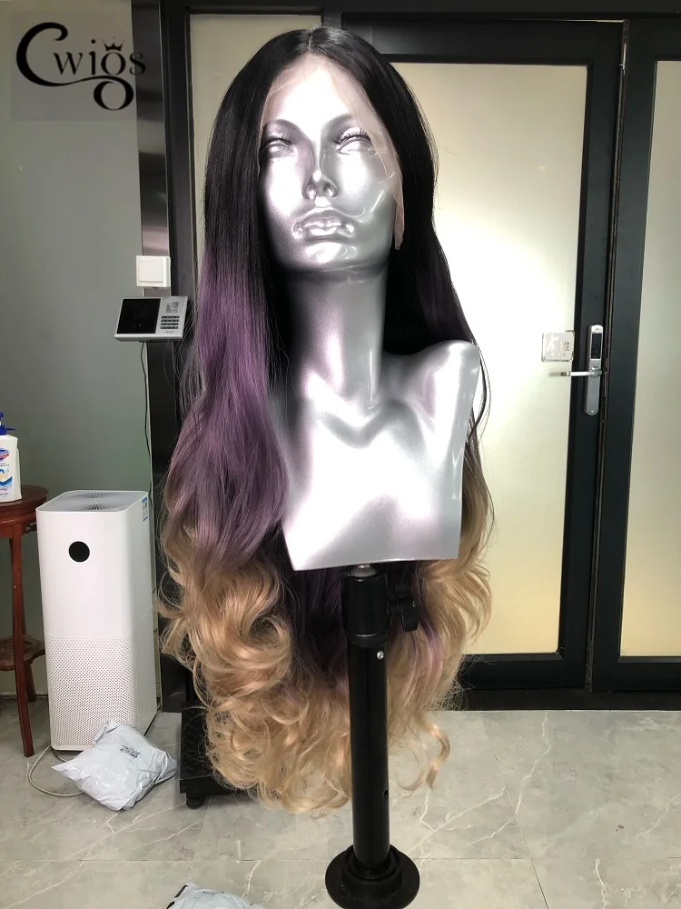 

CWIGS Synthetic 13X4 Transparent Lace Front Highlight Purplr Ombre Brown Loose Curly Body Wave Wig Drag Queen Cosplay For Women