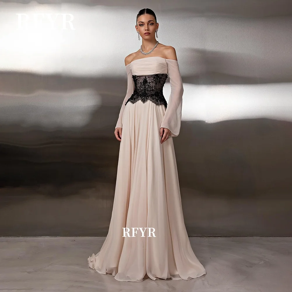 

RFYR Off Shoulder Party Dress Chiffon Long Sleeve Evening Dress Corset Lace Up Back Celebrity Gala Dress Vestidos Customized