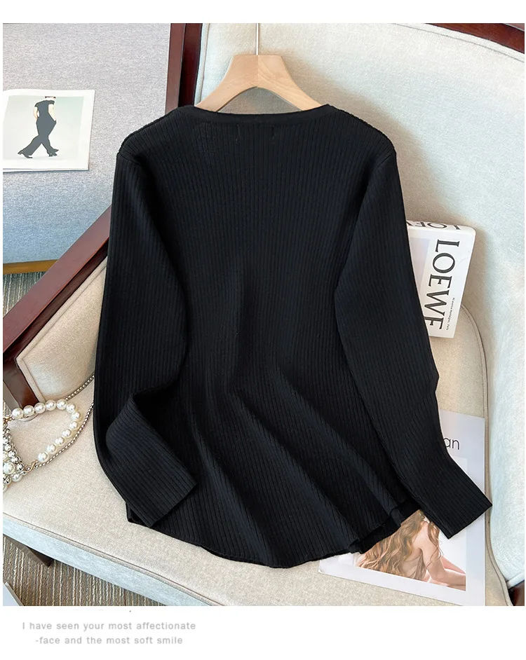 Plus Size Women\'s Bust 140 Autumn Long Sleeve Half Open Chest Sweater Bottom Knitted Top Black 4XL 5XL 6XL 7XL 8XL 135Kg