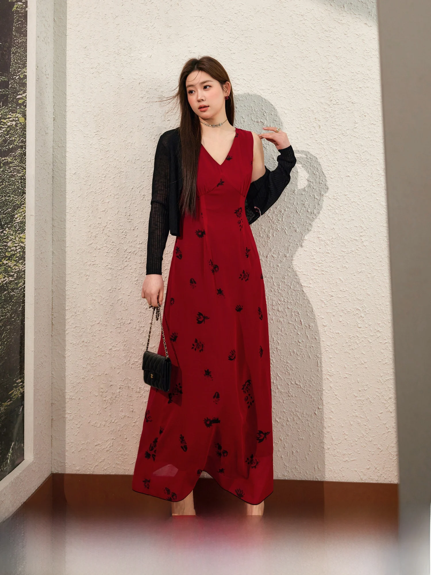 

Red Floral Print Maxi Dr with Open Cardigan plus Size Women's Spring Outfit Slimming Two-Piece Set Commute Sle Polyester...